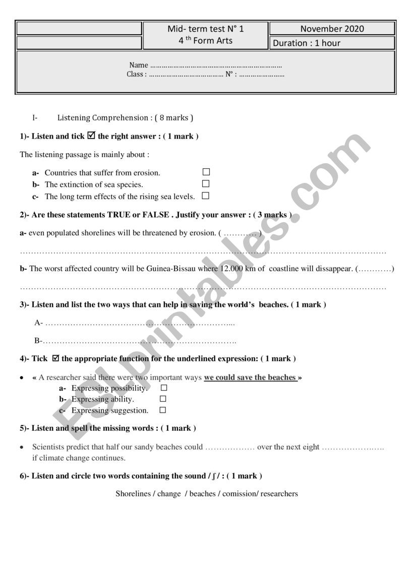 4th form exam worksheet