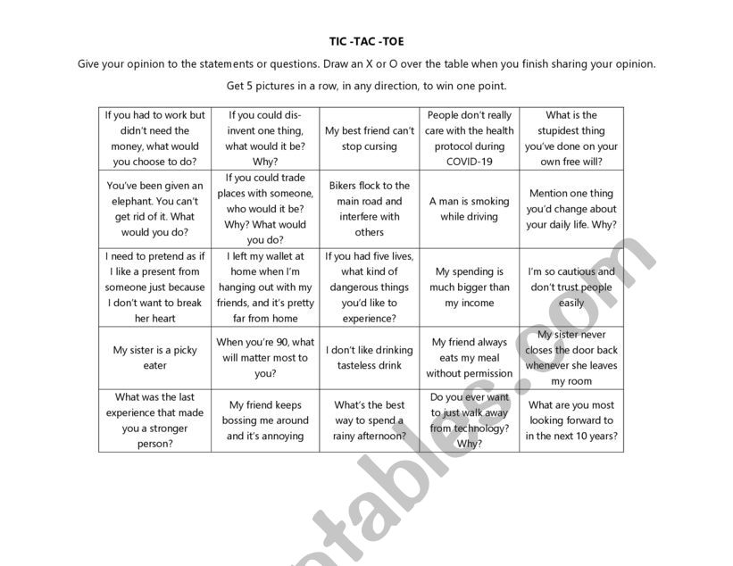 Tic Tac Toe Cards worksheet