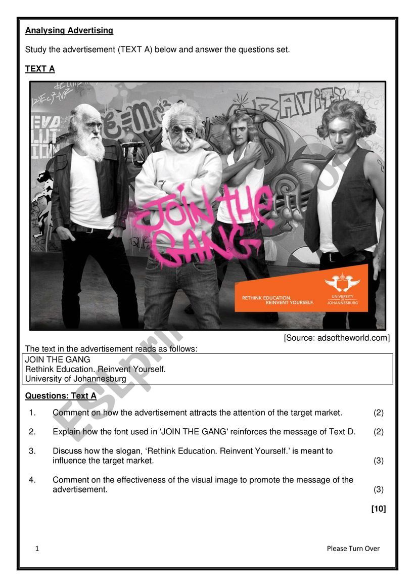 Advertising Worksheet worksheet