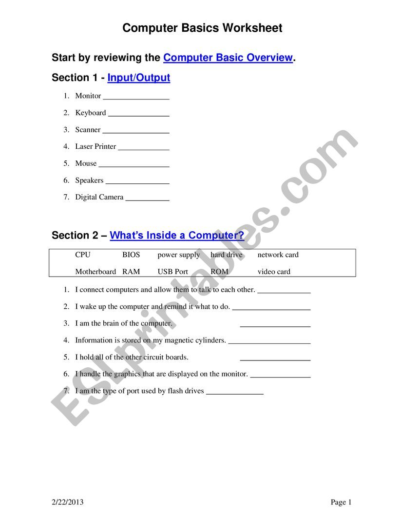 Computer worksheet