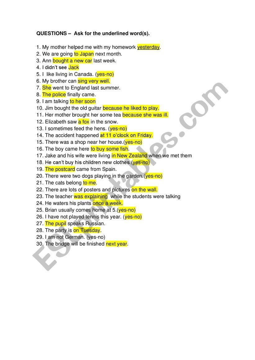 Make questions for the underlined words