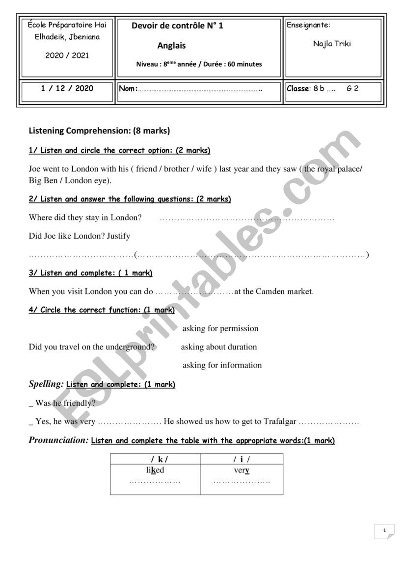 Mid term exam for 8th formers worksheet