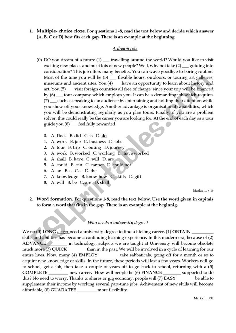 Grammar test worksheet