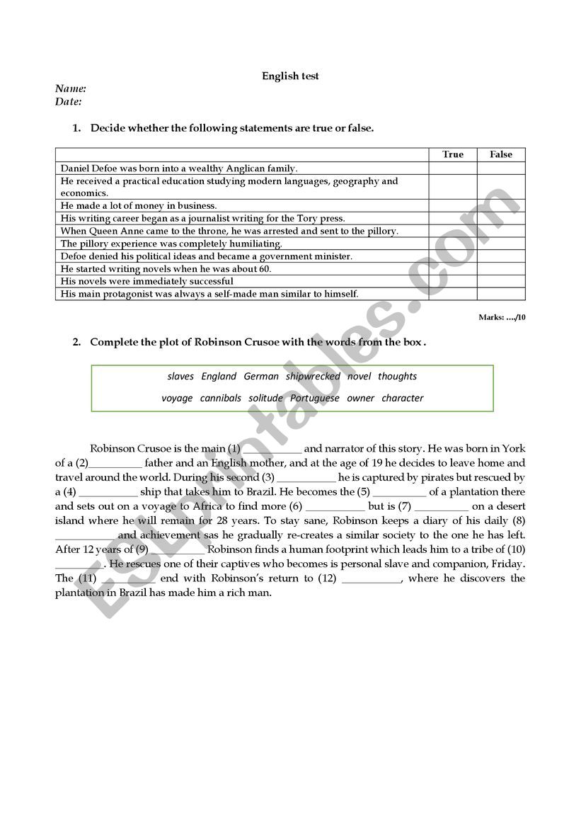 Revision of Daniel Defoe  worksheet