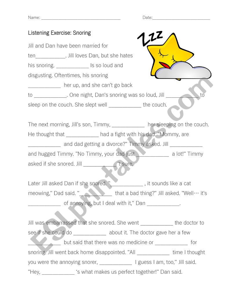 Cloze Listening Snoring worksheet