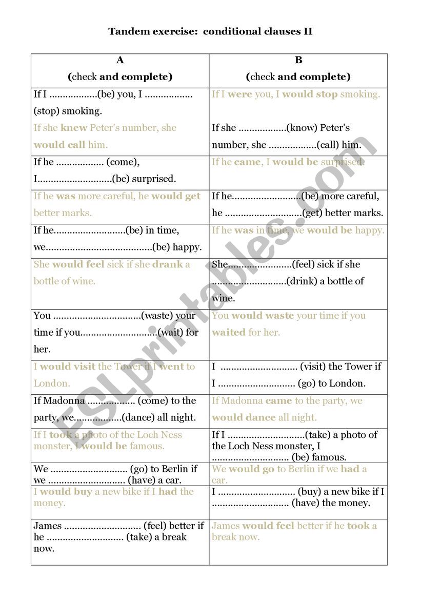 Tandem exercise:  conditional clauses II