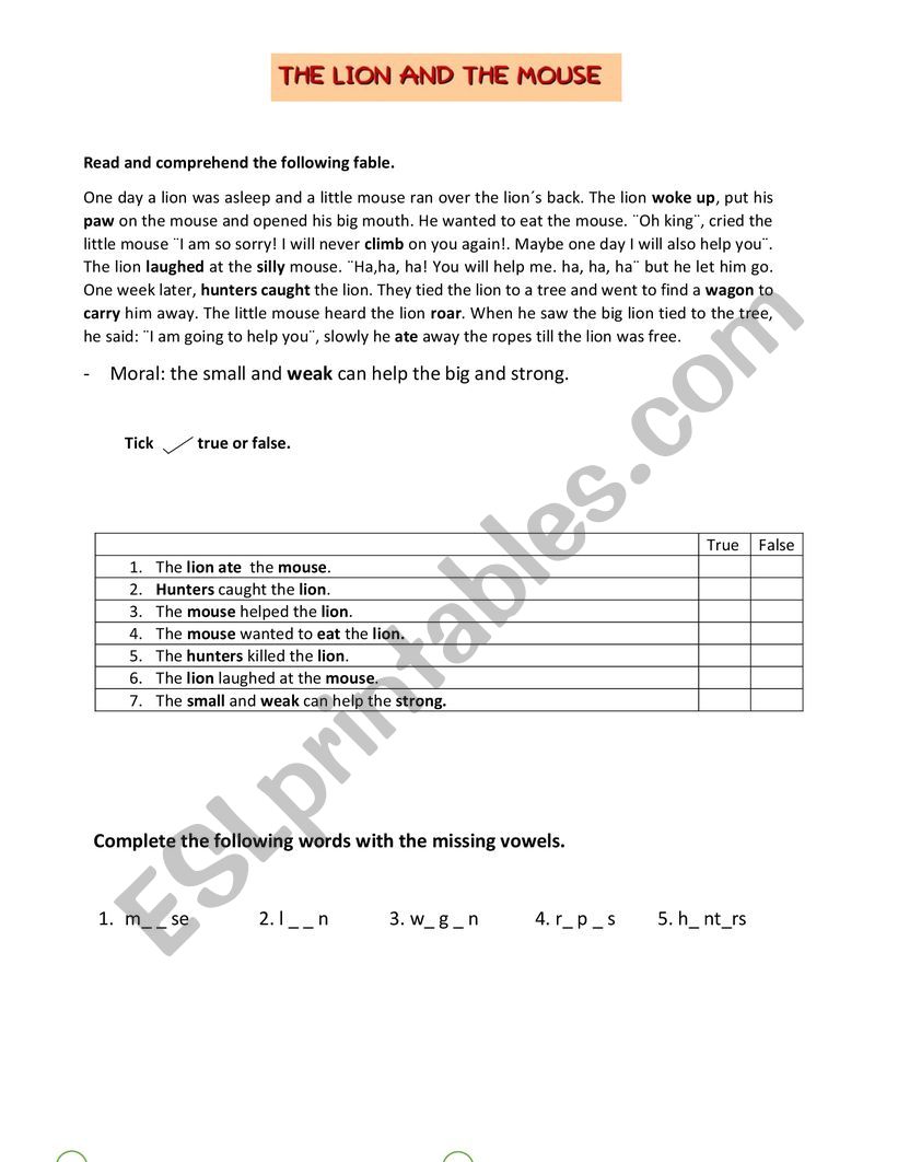 Tha Lion and the Mouse worksheet