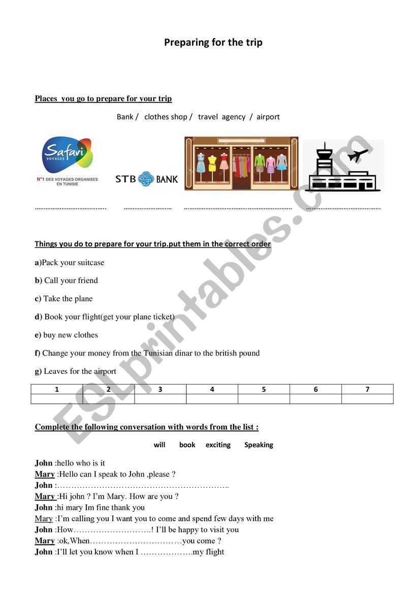 preparing for the trip worksheet