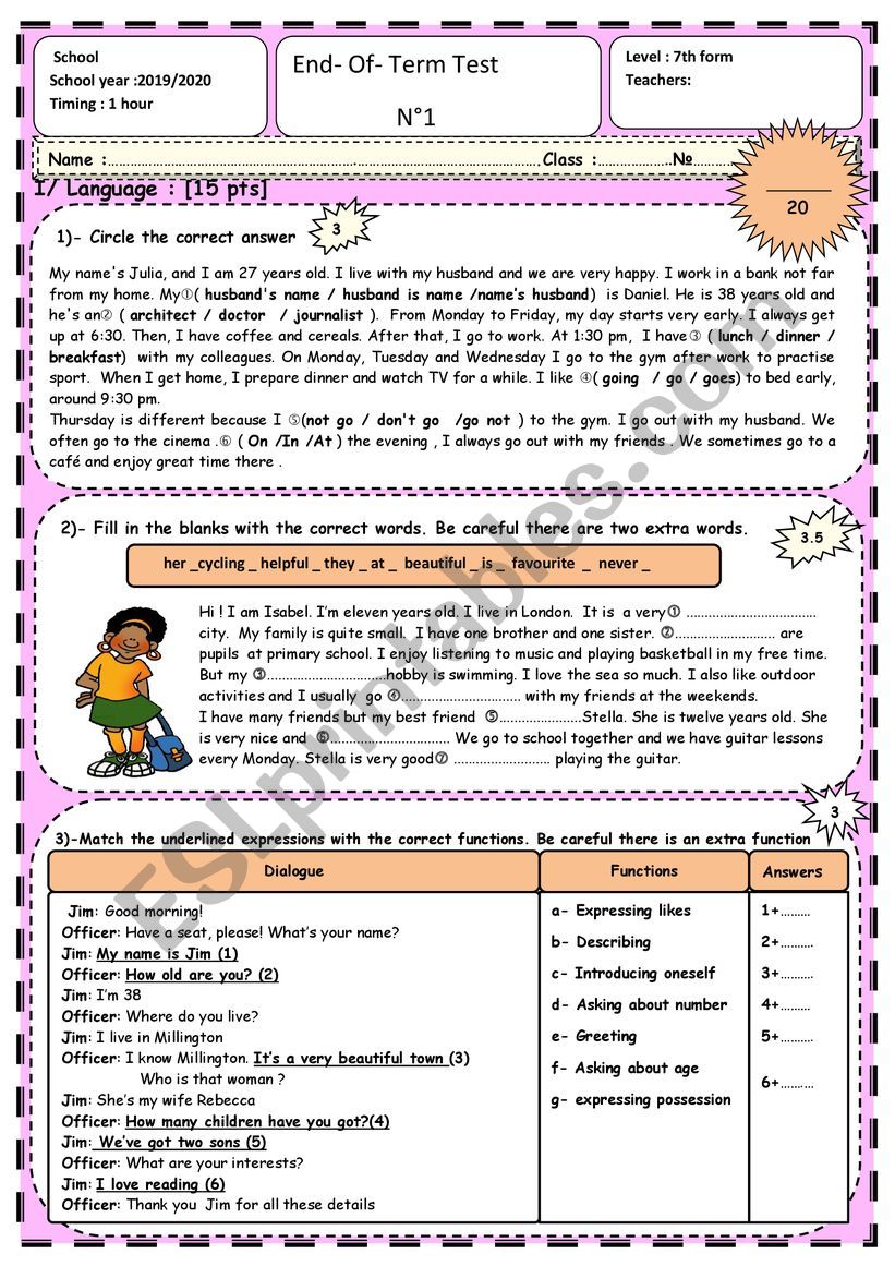 End Of Term Test 7th form worksheet