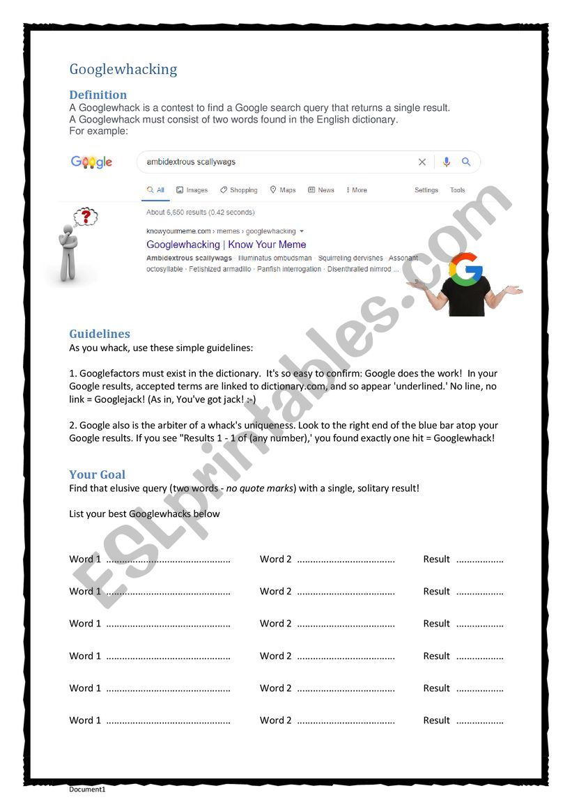 Google Whacking worksheet