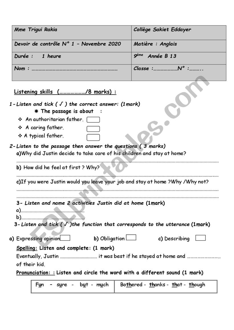 9th form test 1(Term 1) worksheet