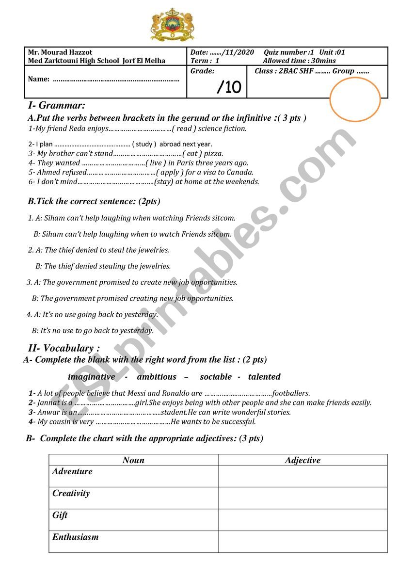 2BAC gerund and infinitive and vocabulary quiz 