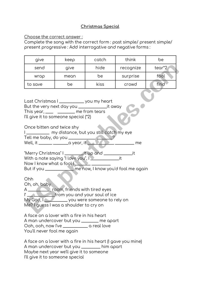 Christmas specials worksheet