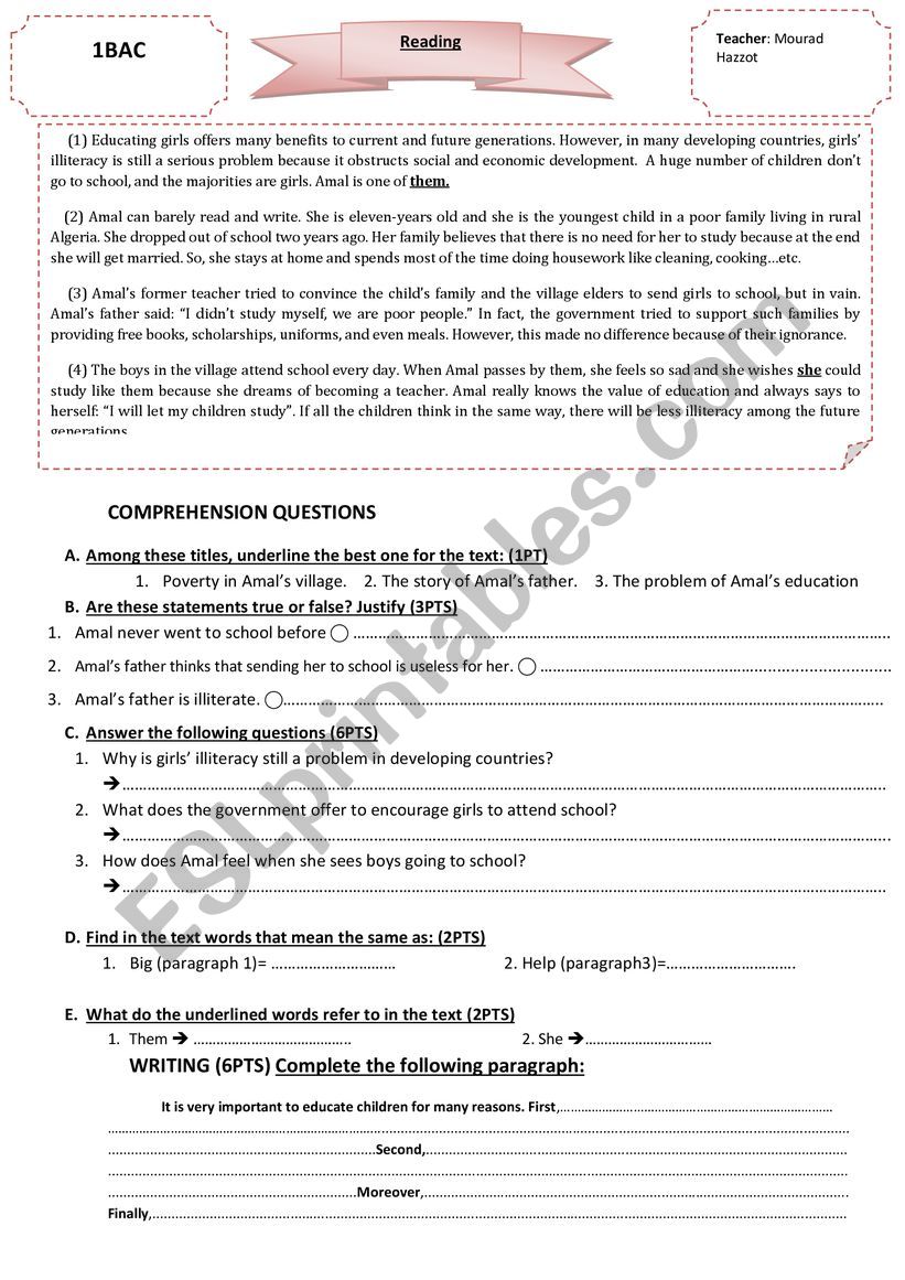 Educating girls worksheet