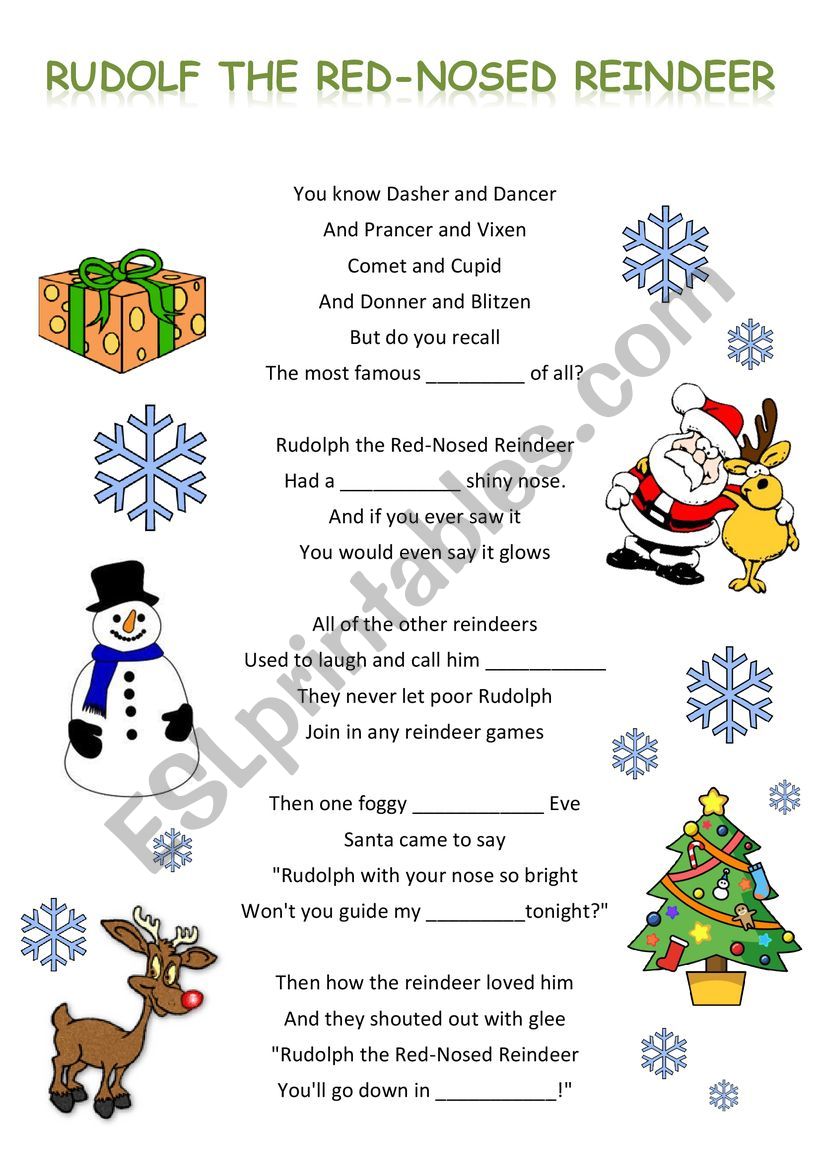 Mod viljen influenza Foran dig Rudolph the red-nosed reindeer song text with gaps (easy, for beginners) -  ESL worksheet by Kailu1983