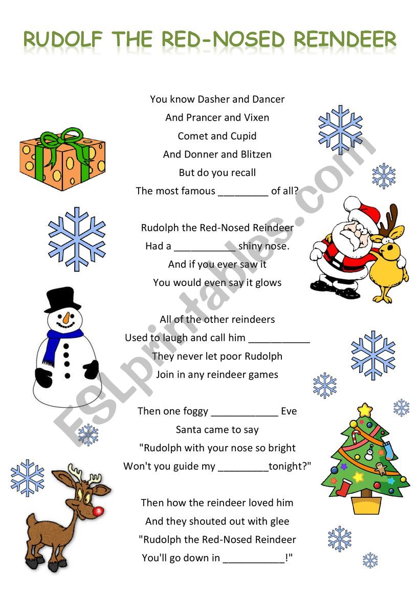 Rudolph the rednosed reindeer song text with gaps (easy, for beginners
