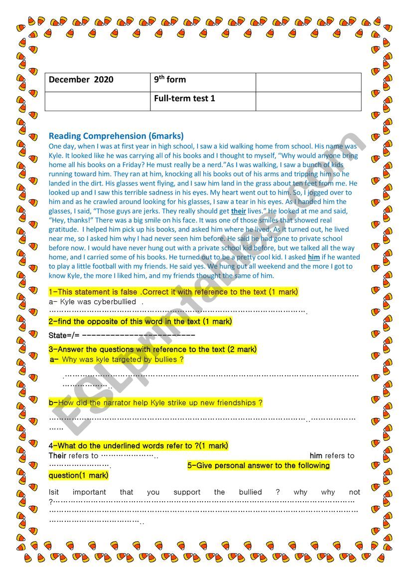 9th form full term test 1 2020