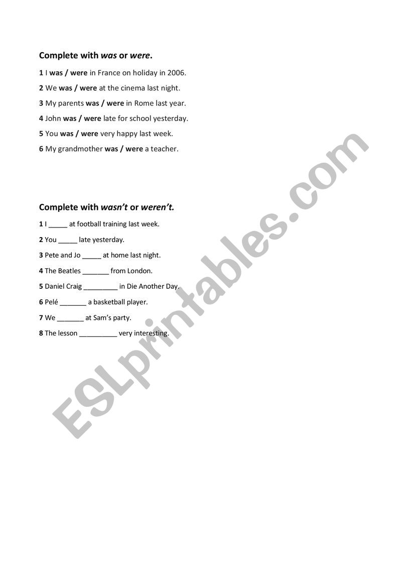 Simple past to Be - affirmative and negative forms