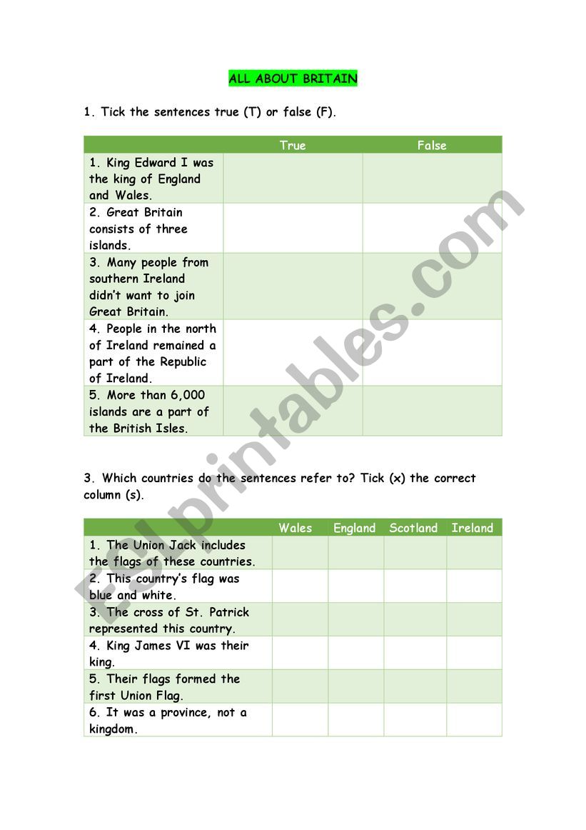 Knowledge about Britain worksheet