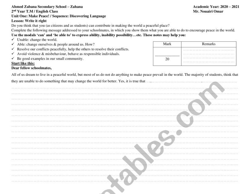 Write it Right - Make Peace  worksheet