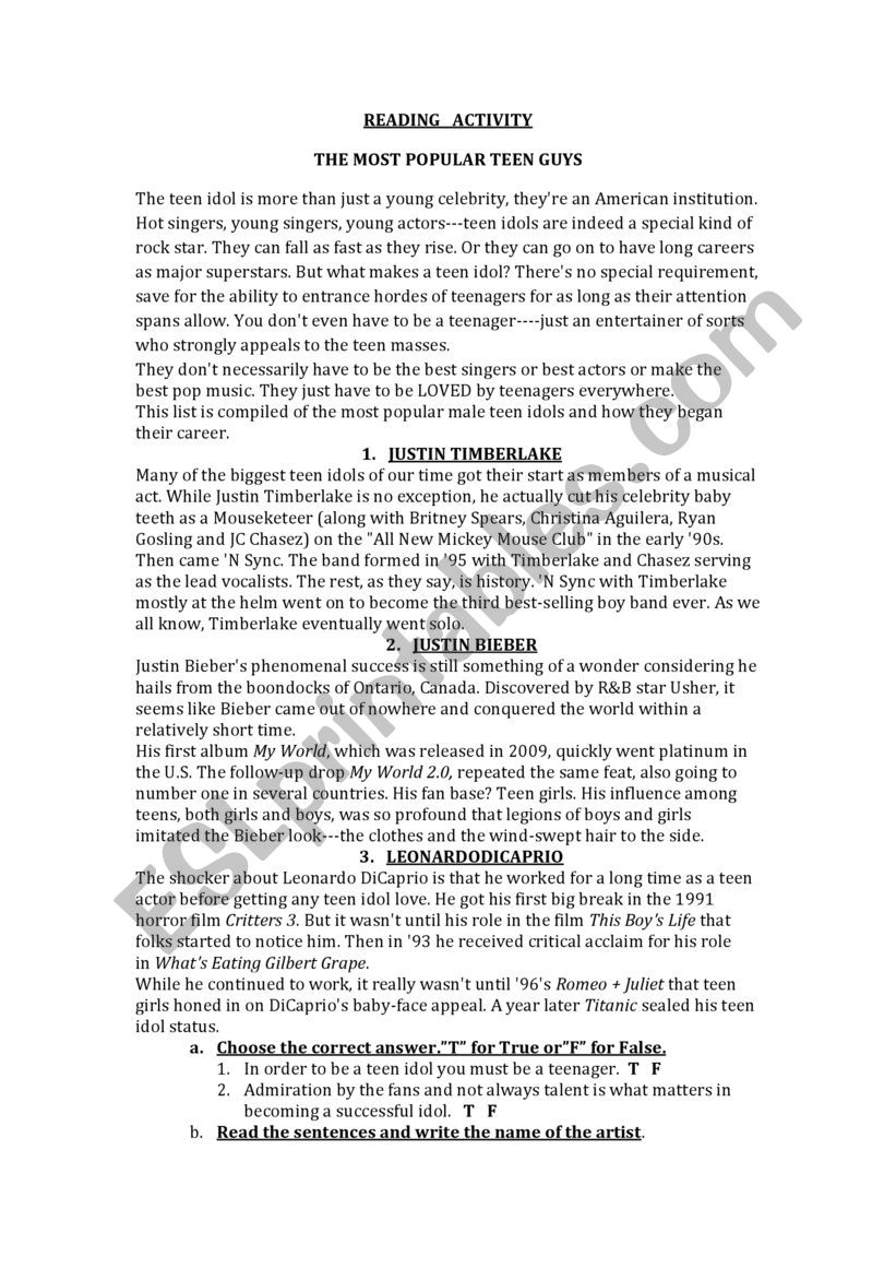 Teen Idols worksheet