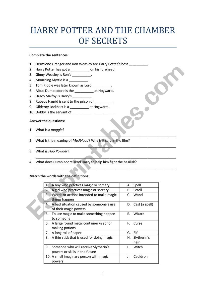 Harry Potter and the chamber of secrets worksheet