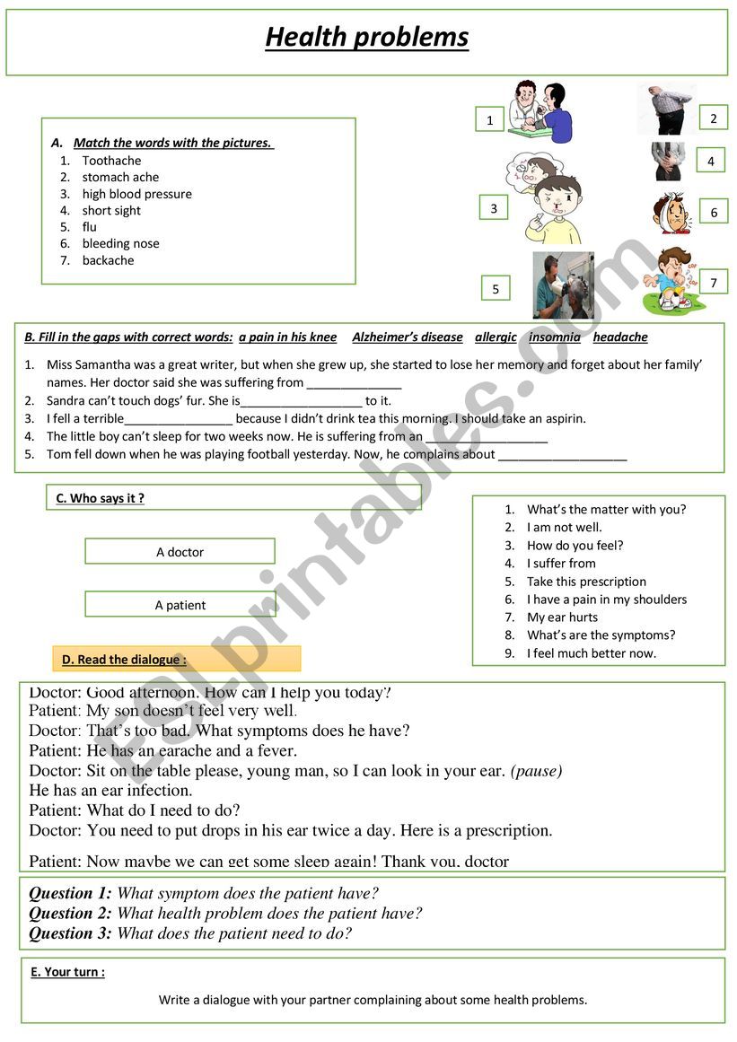   health problems worksheet