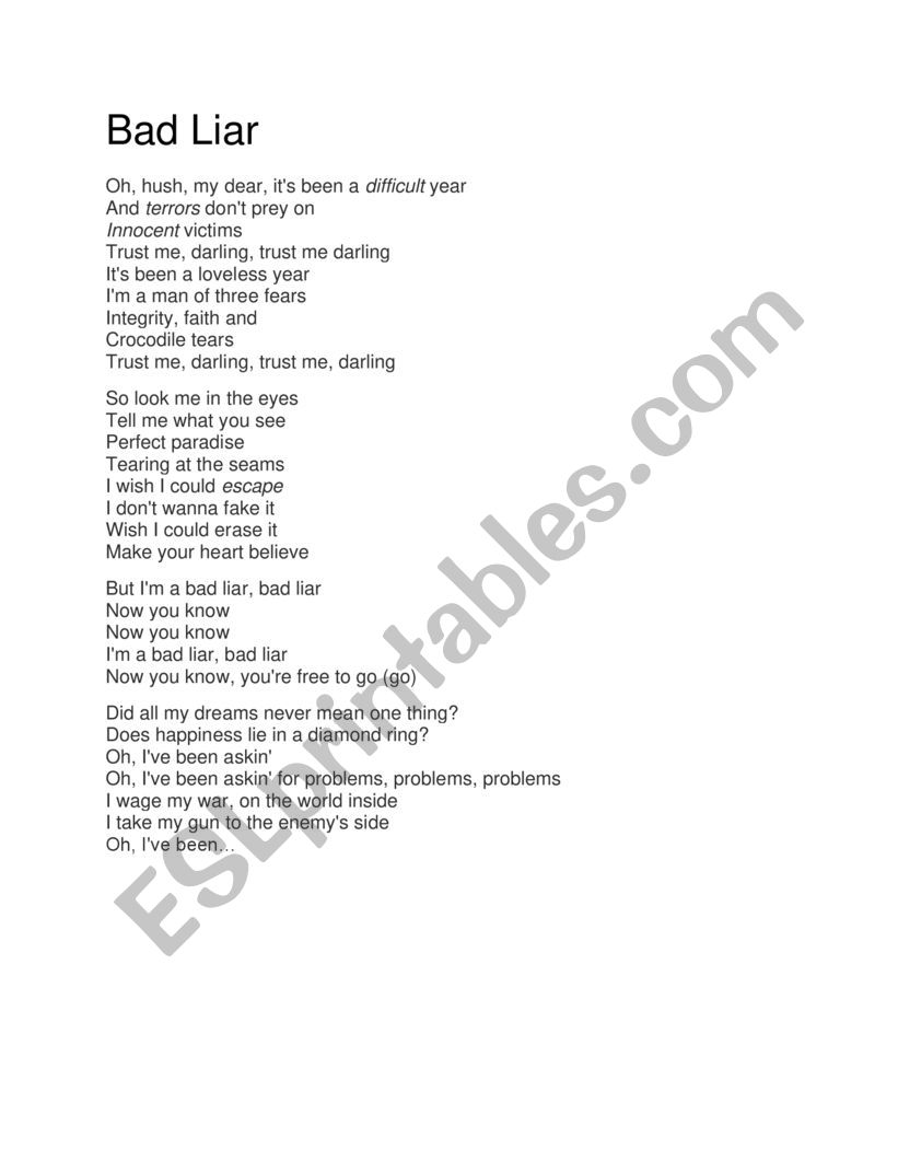 BAD LIAR SONG WORKSHEET worksheet