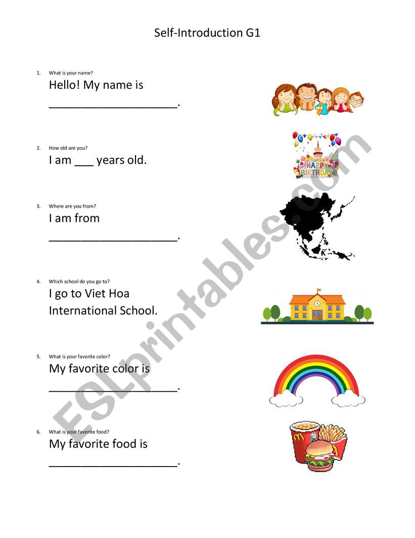 Grade 1 Self Introduction worksheet