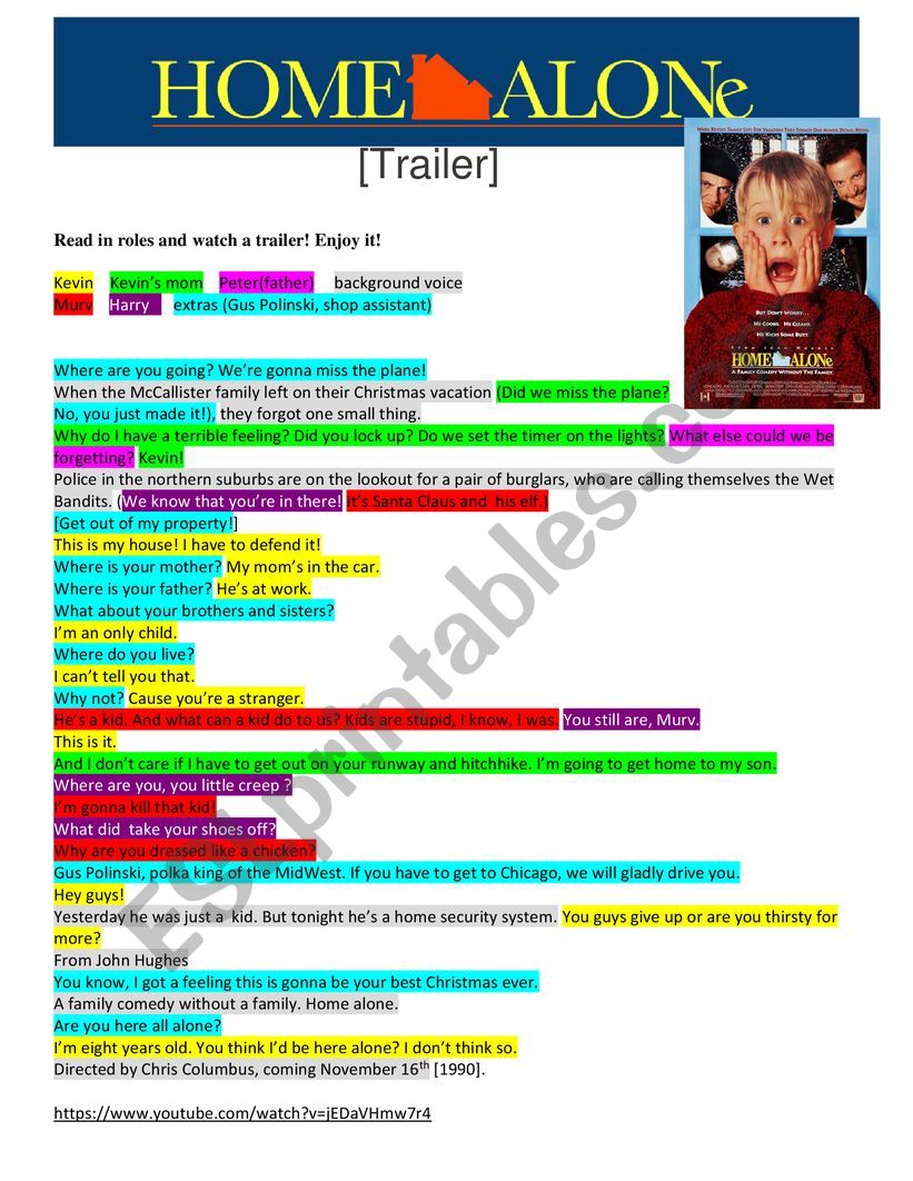 Home Alone Official Trailer worksheet