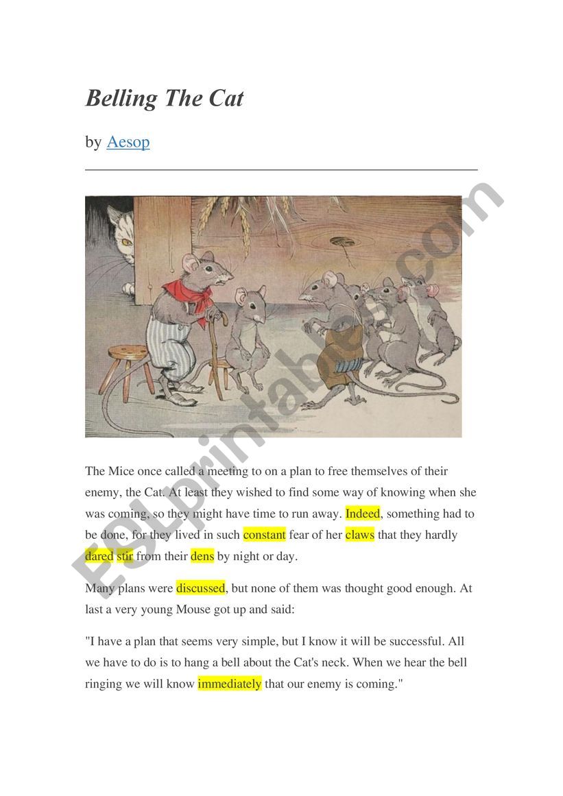 Reading exercise with Aesop�s Fable Belling a Cat
