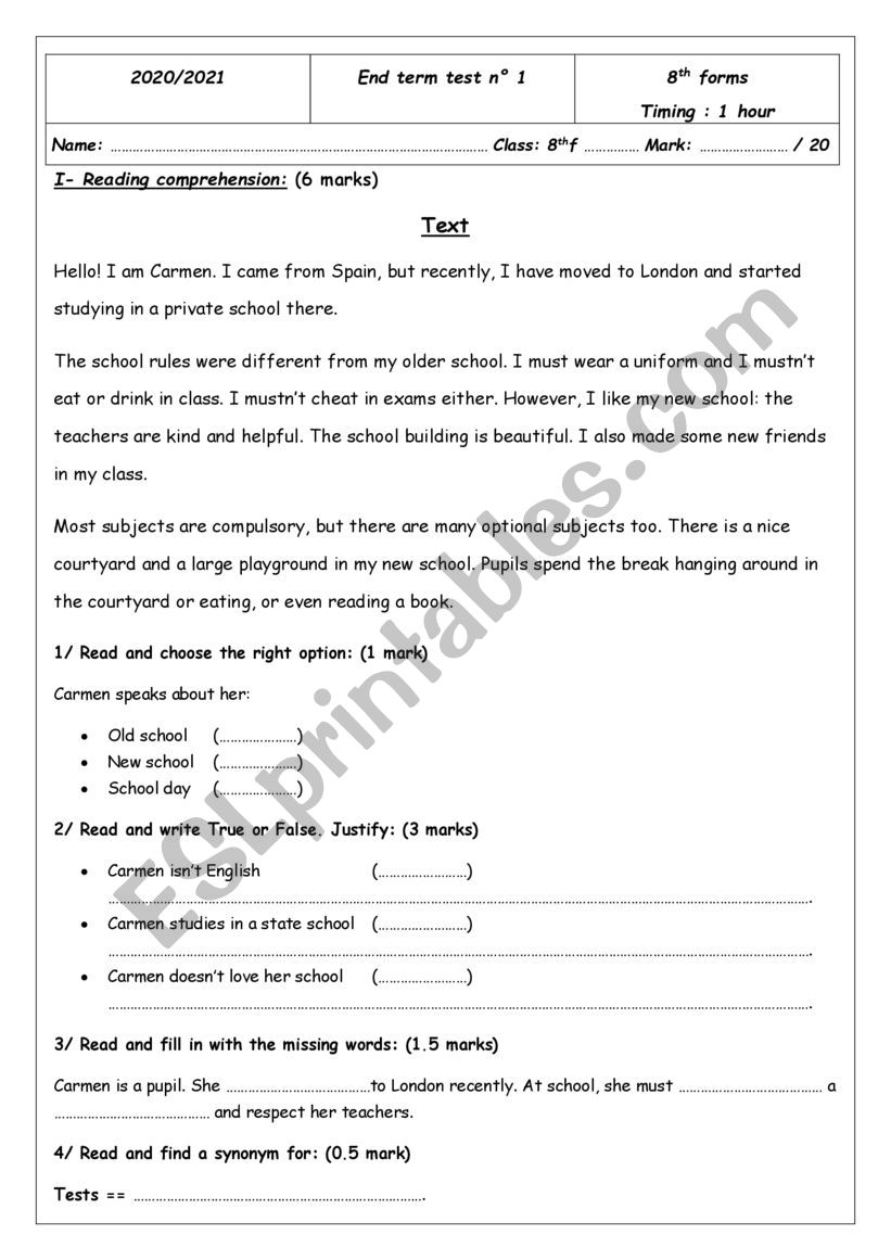 end term english test n 1 worksheet