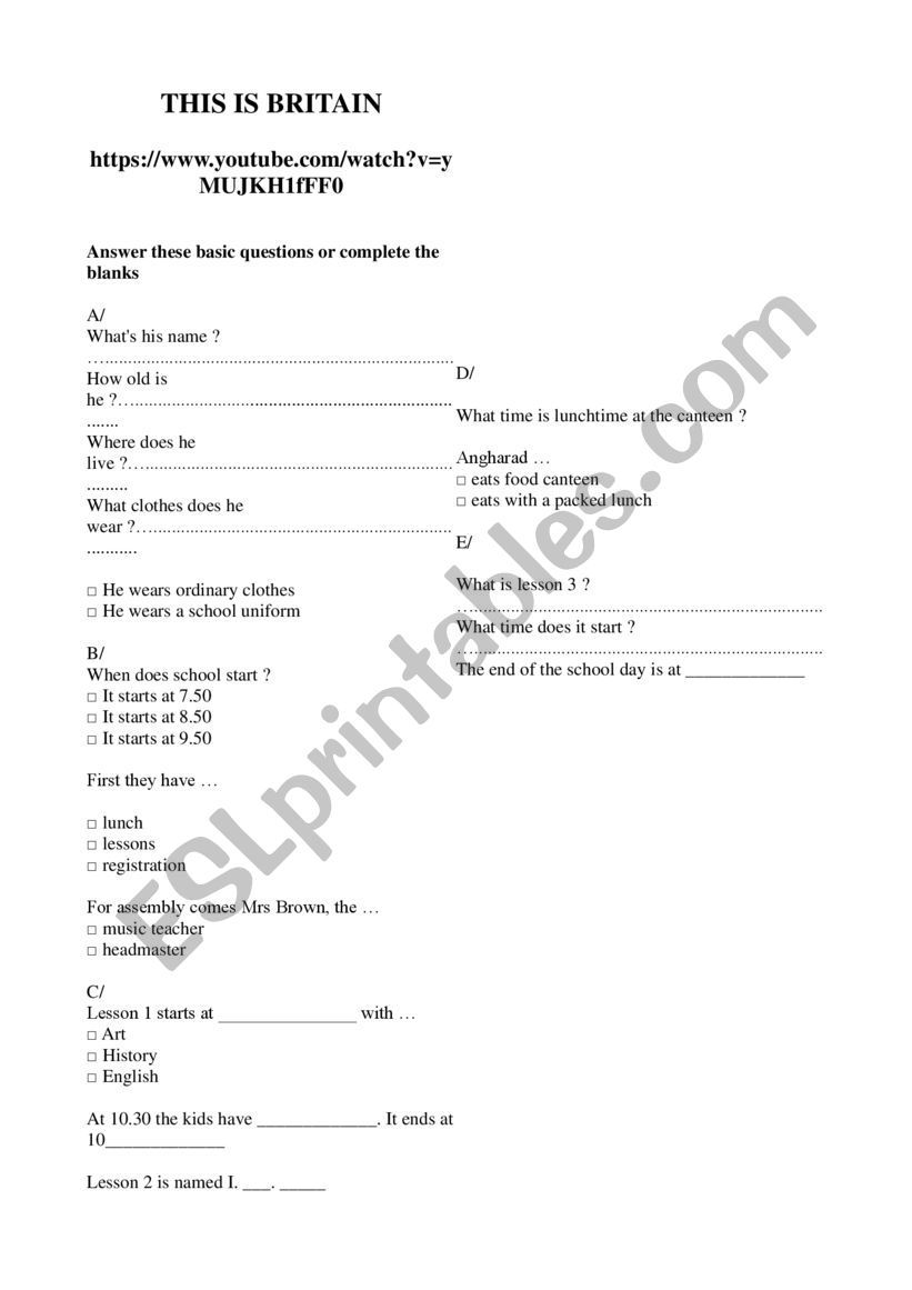 british school routine video worksheet