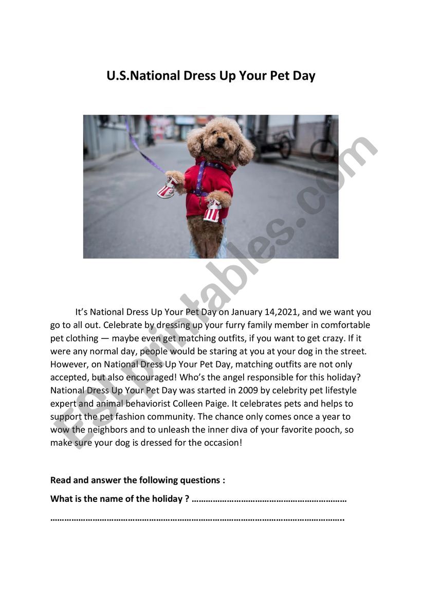 Dress up your Pet Day worksheet