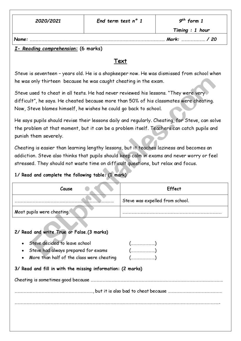 end term english test n 1 worksheet