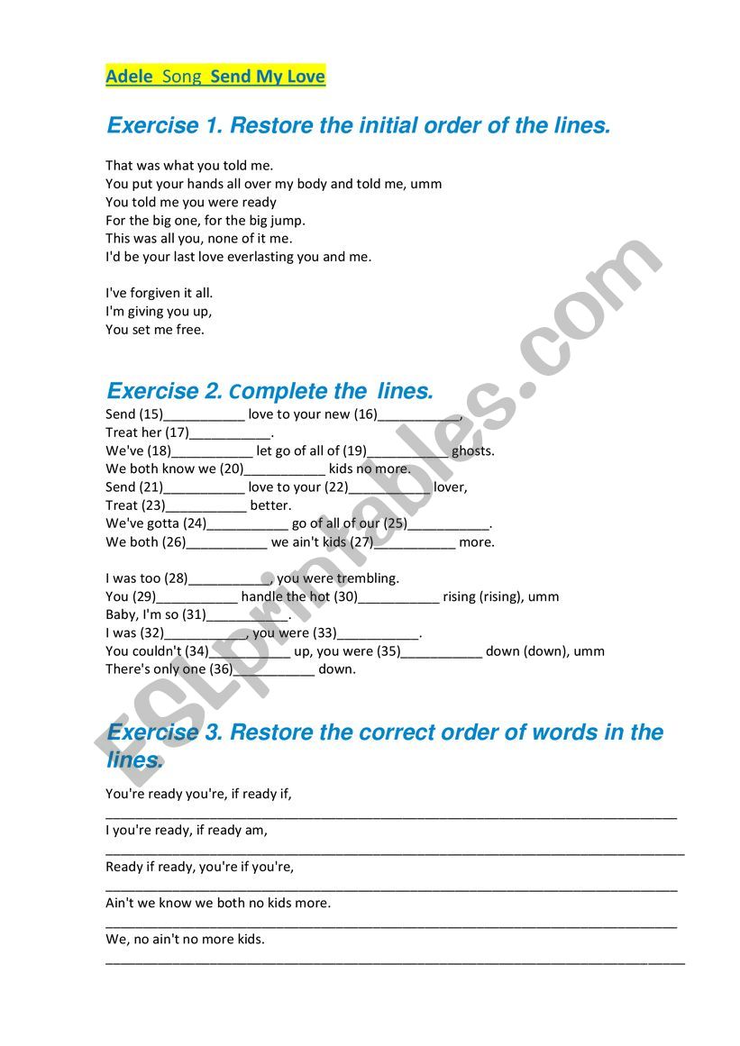 Adele  Song,  Send My Love worksheet