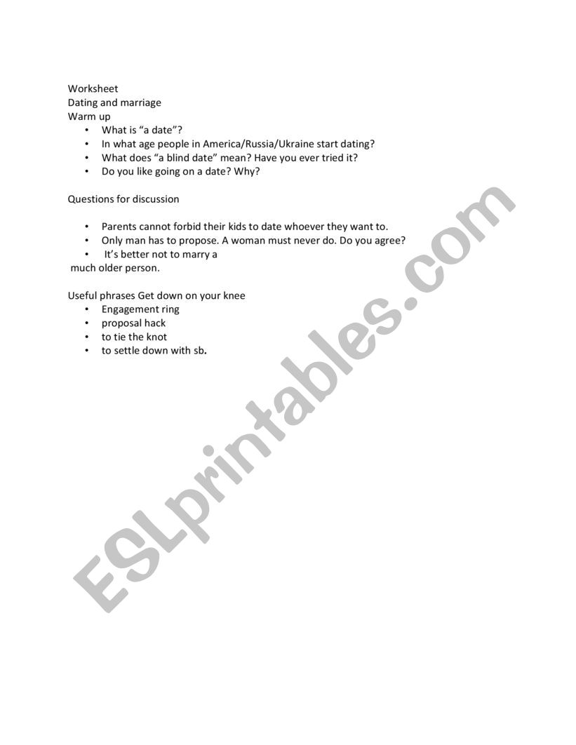 Dating and marriage  worksheet