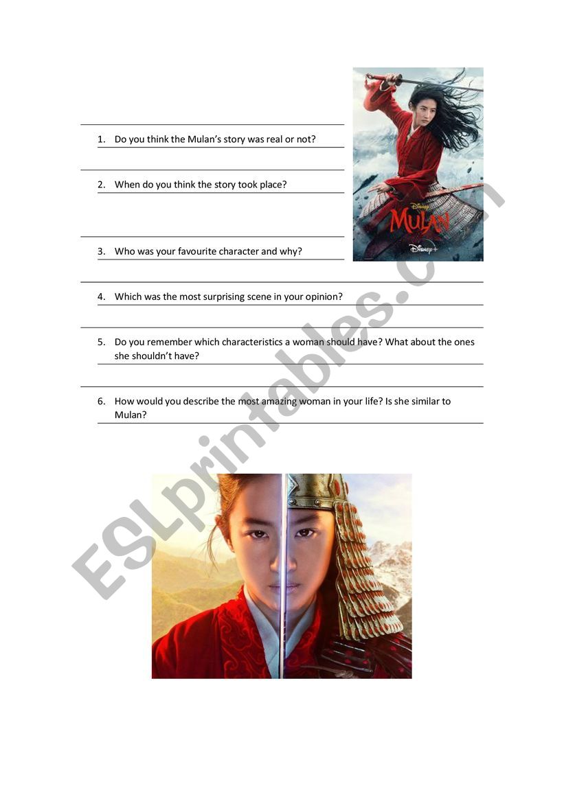 MOvie questions- Mulan worksheet