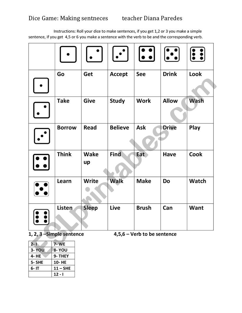 roll the dice game board to make sentences