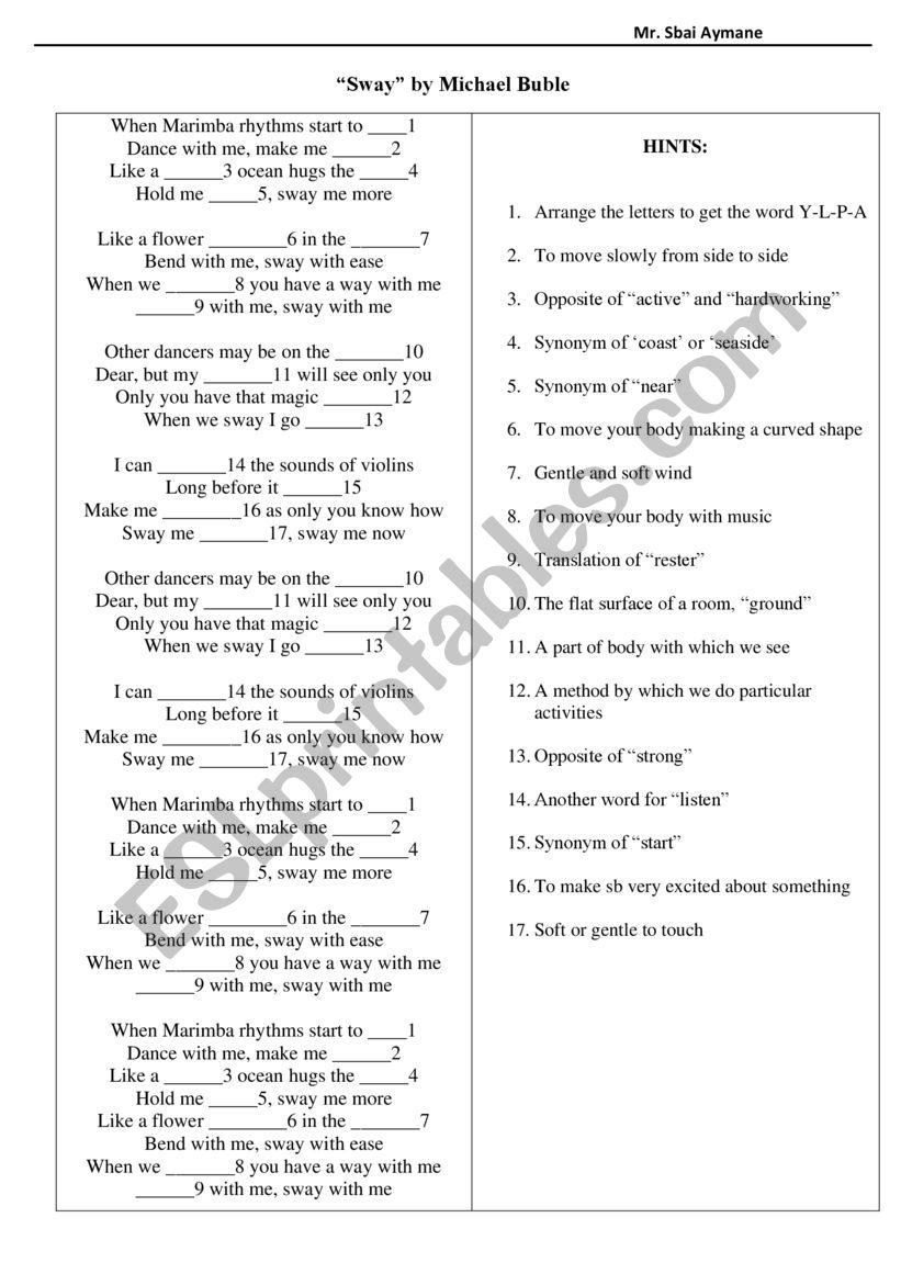 Sway - listening activity worksheet