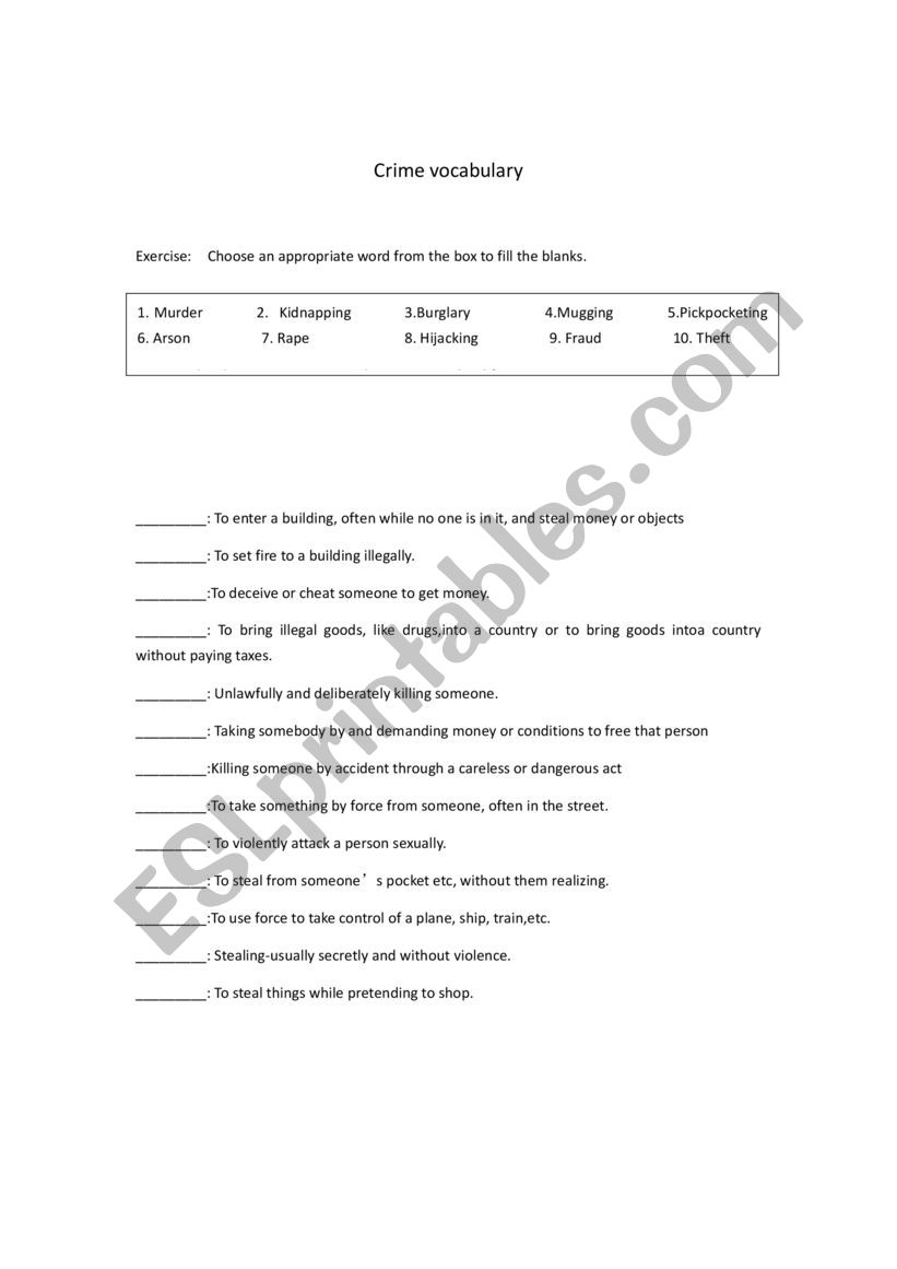 crime vocabulary worksheet