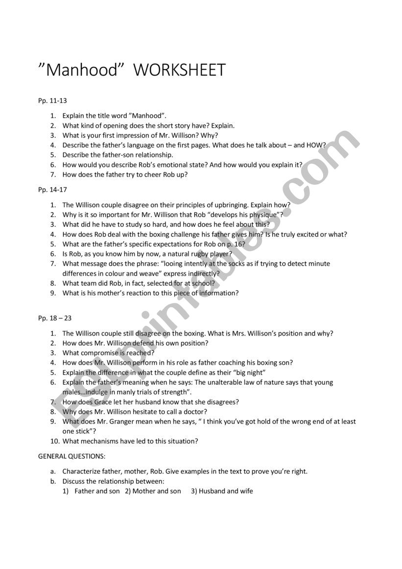 Manhood John Wain Worksheet worksheet