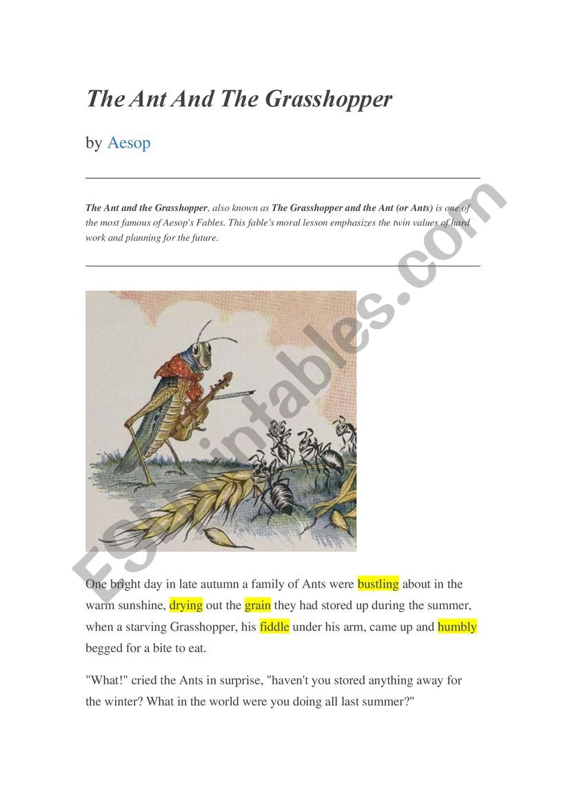 Reading exercise with Aesop�s Fable The Ant And The Grasshopper