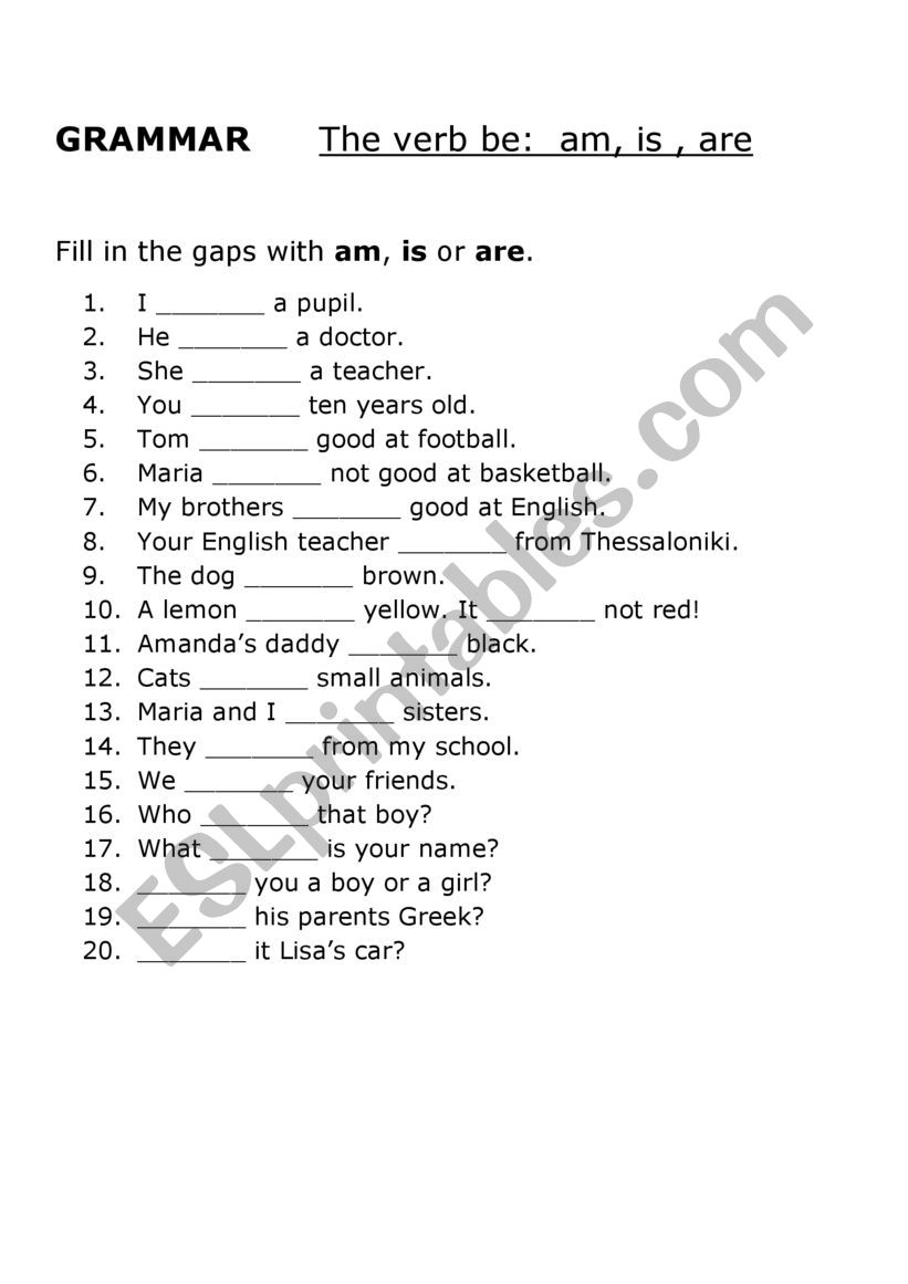Am, is , are (verb be) worksheet