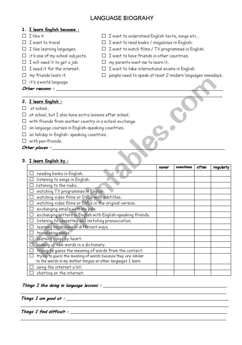 language biography worksheet