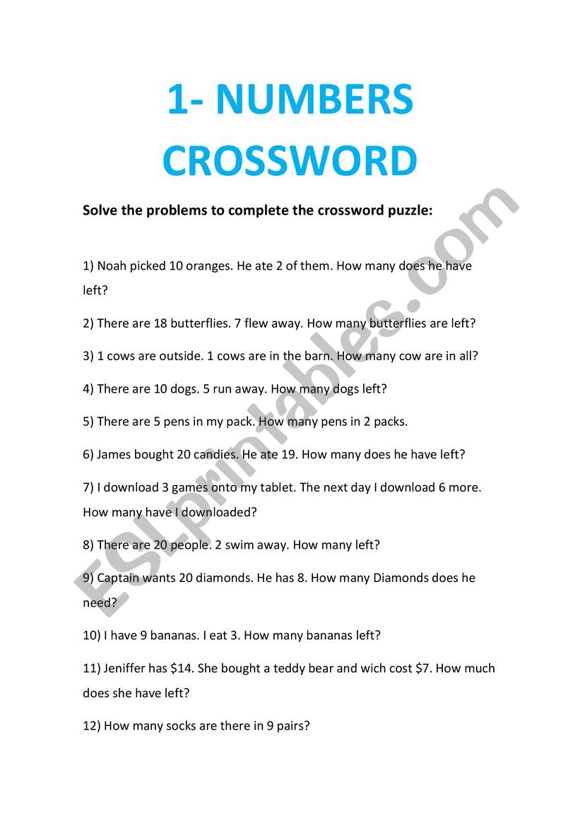 NUMBERS CROSSWORD worksheet