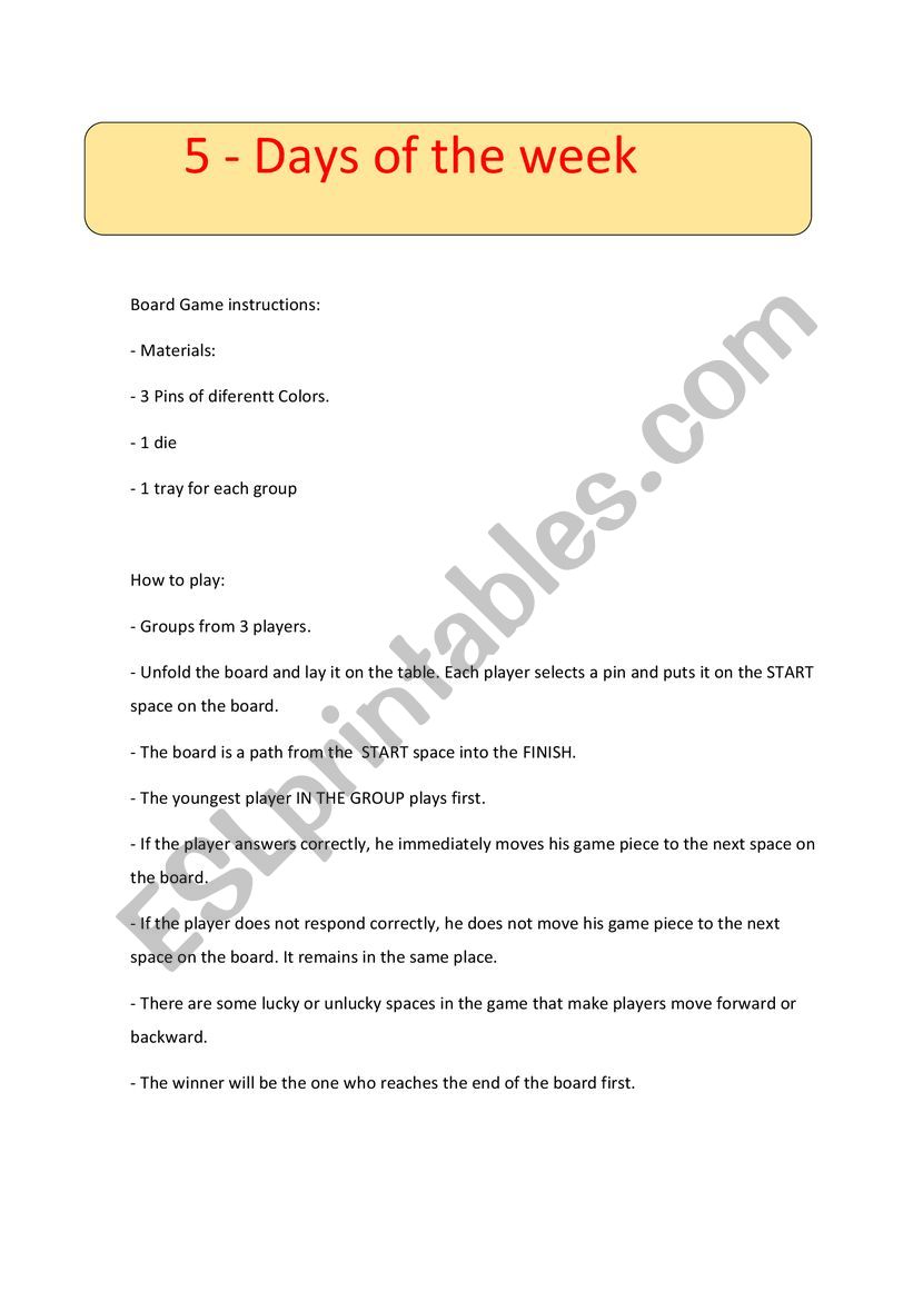 Days of the week Board Game worksheet