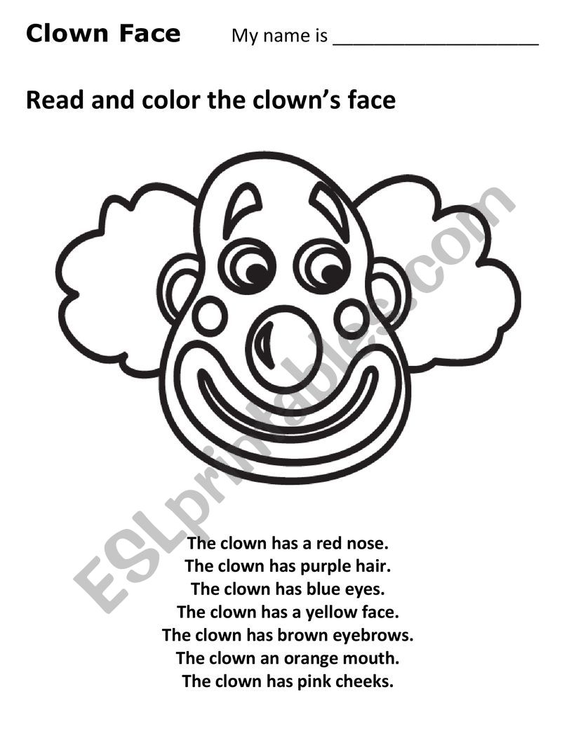 Clown face. Read and color. worksheet