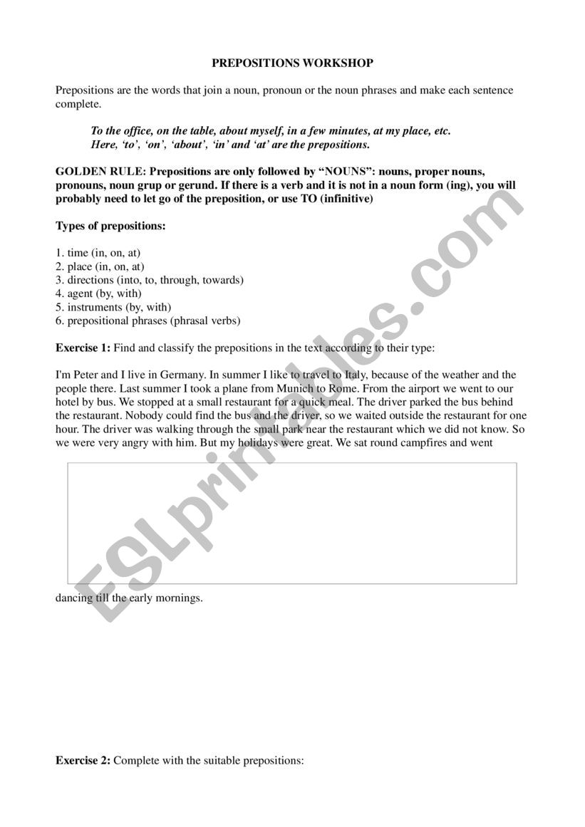 Prepositions handout worksheet