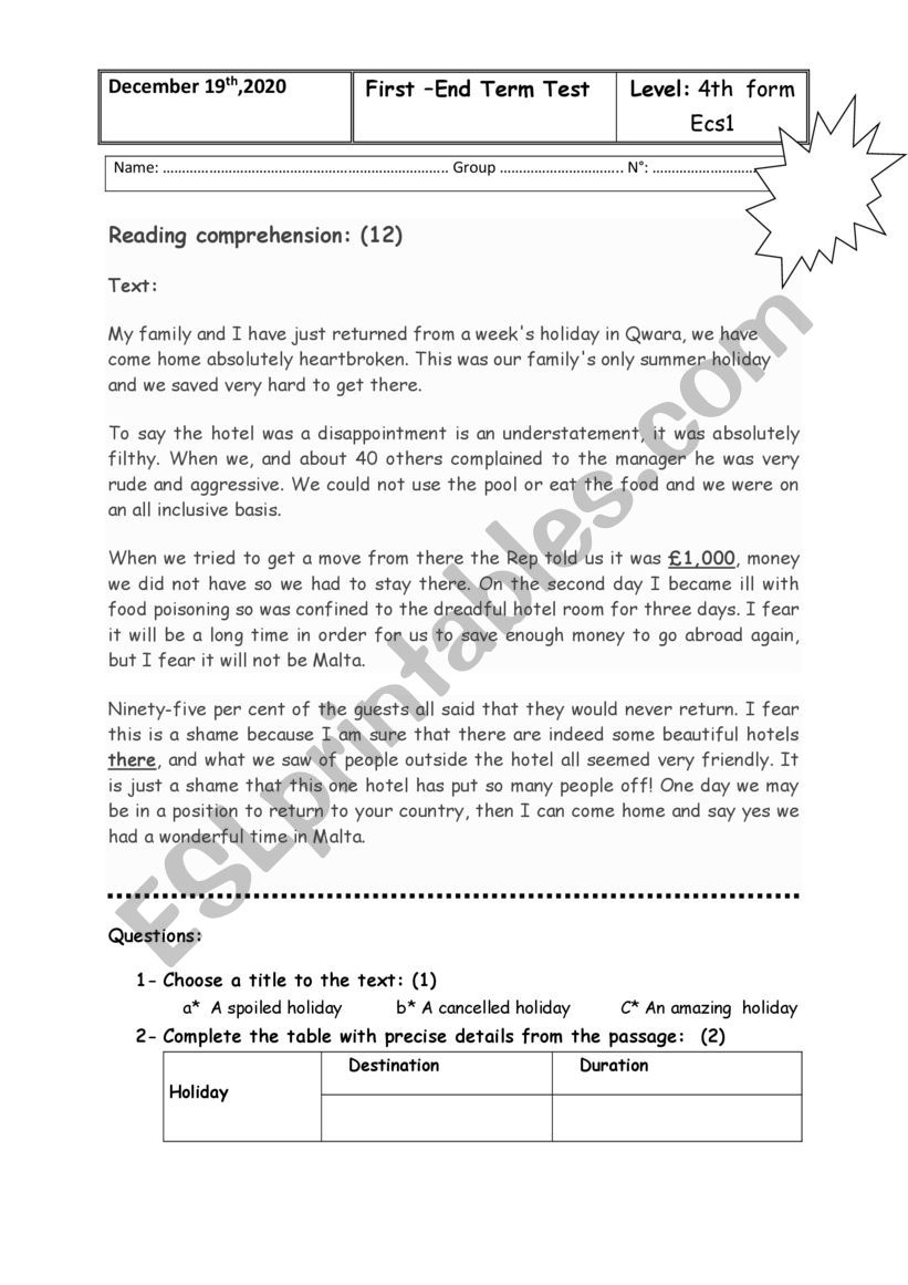 First End-Term Test 4th Forms worksheet